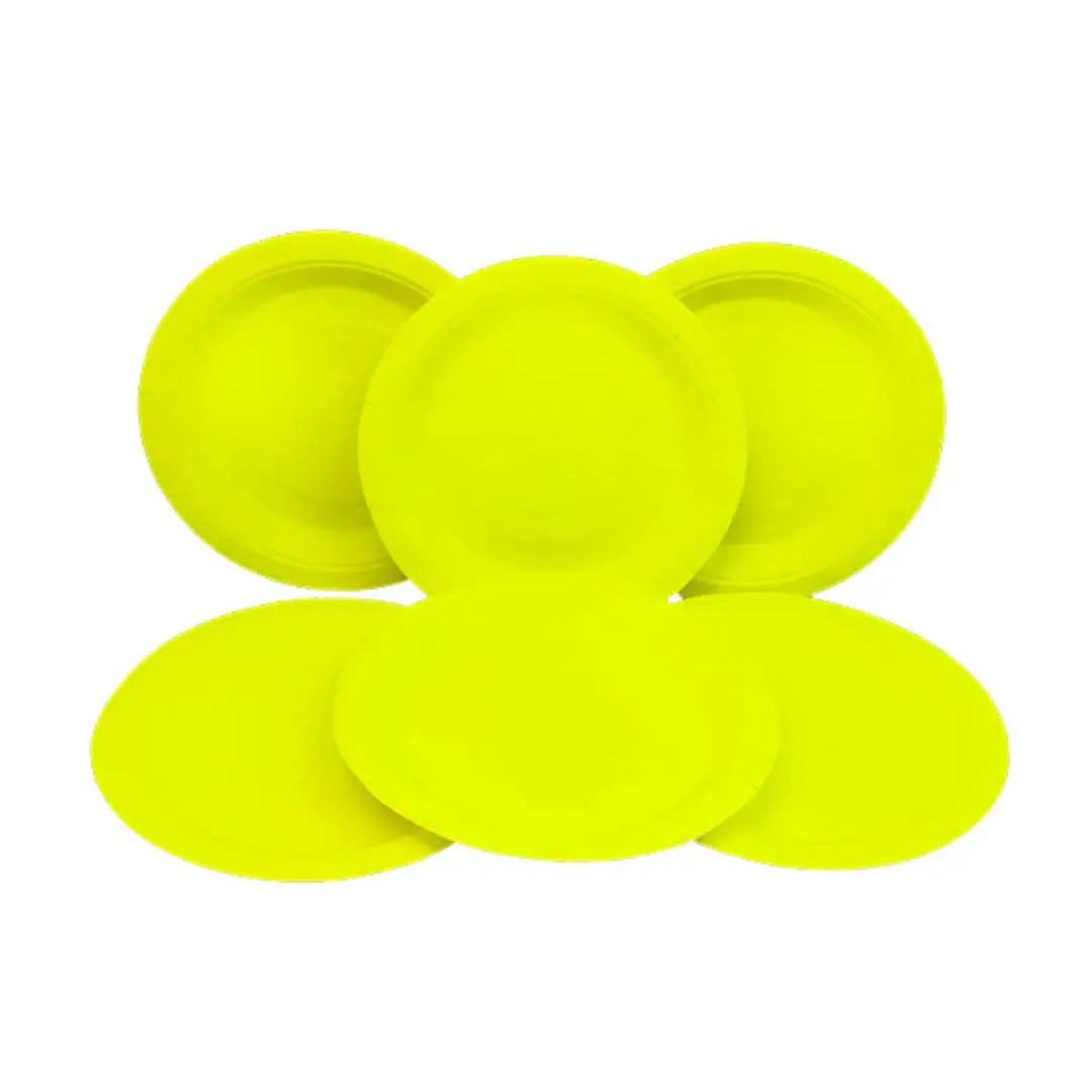 Plato cartón flúor amarillo 6 un