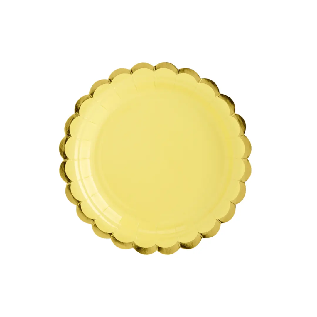Plato cartón amarillo pastel borde dorado 6un