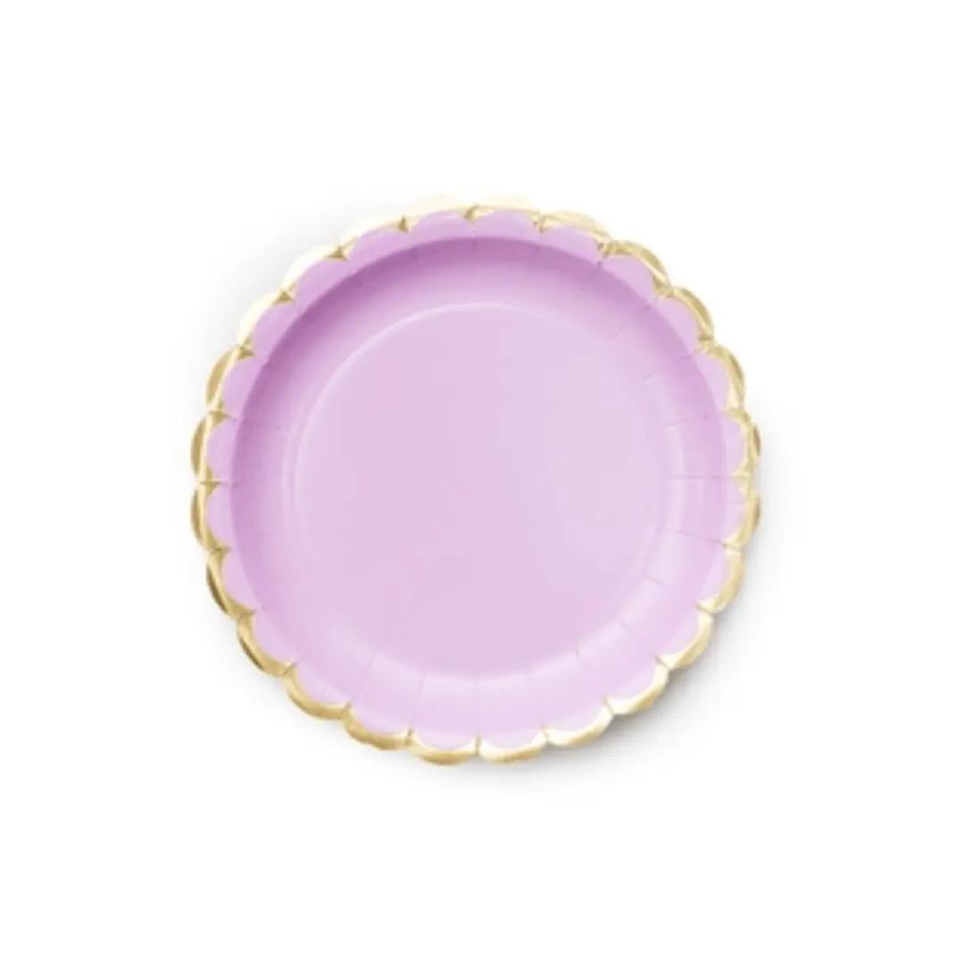 Plato cartón lila pastel borde dorado 6un